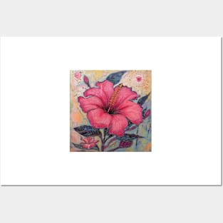 Pink Hibiscus Flower in art brut style Posters and Art